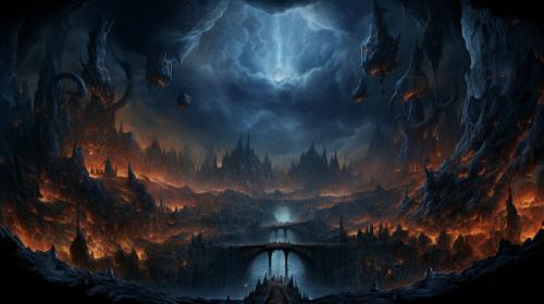 A massive hole in the earth with thousands of  demons coming out of it, with blue flames in the background, highly detailed, at night