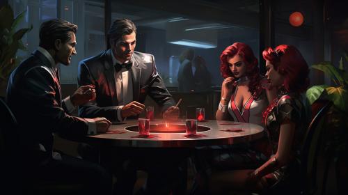 Joker bruce Wayne harley quinn and poison ivy setting at a table having a mafia meeting with flash Gordon serving drink while v from Cyberpunk 2077 walks through the door wearing a pinstripe suit
