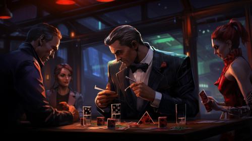 Joker bruce Wayne harley quinn and poison ivy setting at a table having a mafia meeting with flash Gordon serving drink while v from Cyberpunk 2077 walks through the door wearing a pinstripe suit
