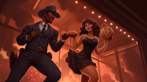 Walking chocolate chicken sheriff eating donut diped girl during salsa night
