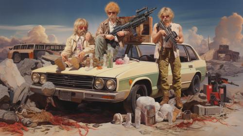 1980's botleggers with tommy guns and car
