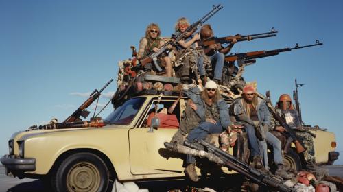 1980's botleggers with tommy guns and car
