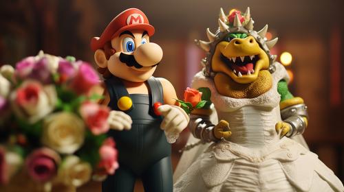 Bowser and Peach married with children, Mario sad in the background, very colorful 