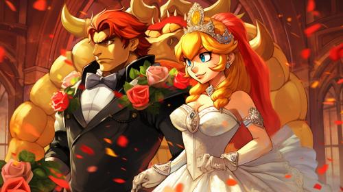 Bowser and Peach married with children, Mario sad in the background, very colorful 