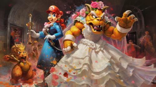 Bowser and Peach married with children, Mario sad in the background, very colorful 