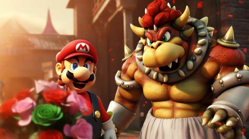 Bowser and Peach married with children, Mario sad in the background, very colorful 