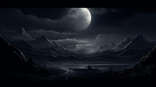 All black landscape with mountains and moonlight
