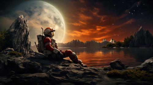 Sc-fi astronaut relaxing on cosmic shore line 