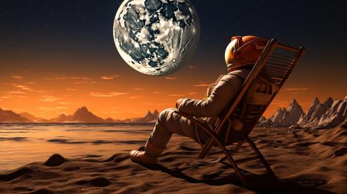 Sc-fi astronaut relaxing on cosmic shore line 