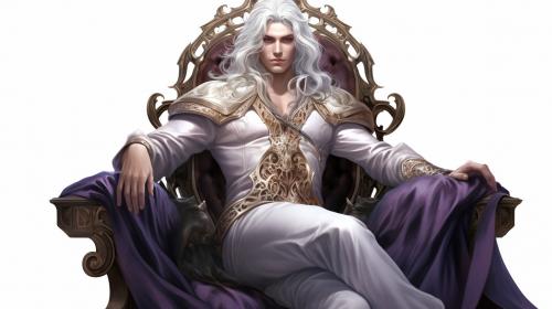 A 25 year old king seated on a magnificent throne. He has long white hair and purple eyes. He is beautiful and delicate. (PNG file)