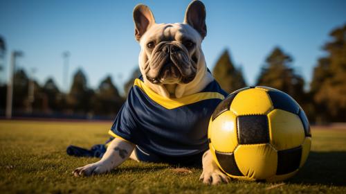 Un perro de raza bulldog francés color negro, vestido con un uniforme del equipo boca juniors pisando una pelota con un fondo de un campo de fútbol
