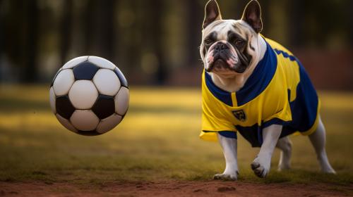 Un perro de raza bulldog francés color negro, vestido con un uniforme del equipo boca juniors pisando una pelota con un fondo de un campo de fútbol
