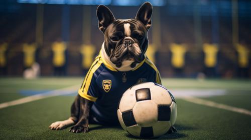 Un perro de raza bulldog francés color negro, vestido con un uniforme del equipo boca juniors pisando una pelota con un fondo de un campo de fútbol
