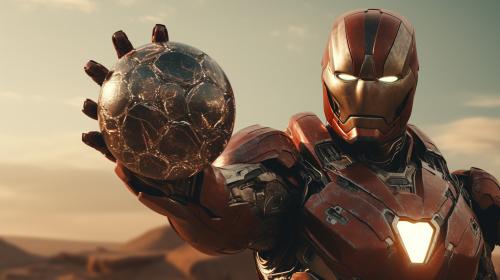 iron man looking like a giant holding earth in his hand 

