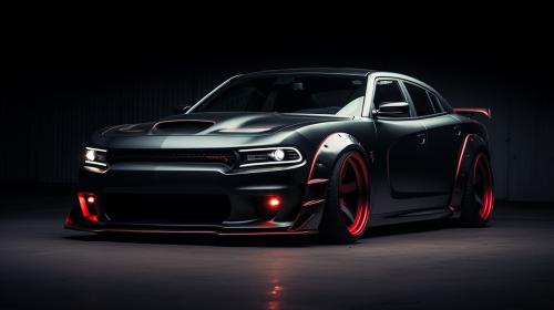 black doge hellcat with wide body and red underglow with red headlights 