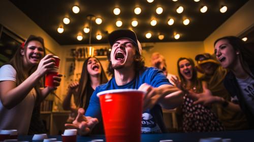 Crazy lit drinking party in college with beer pong
