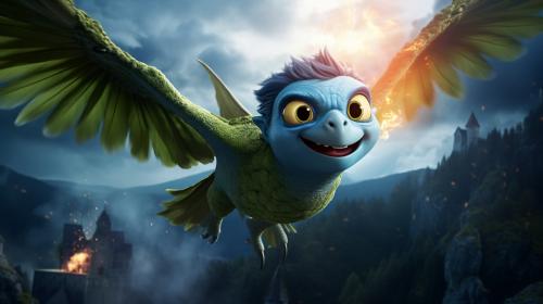 Beastboy from teen titans flying over Germany as a blue flaming pigeon dragon
