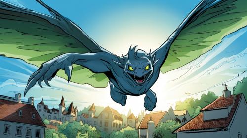 Beastboy from teen titans flying over Germany as a blue flaming pigeon dragon
