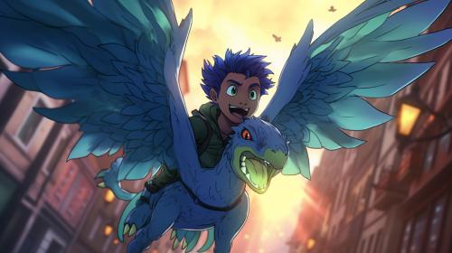 Beastboy from teen titans flying over Germany as a blue flaming pigeon dragon
