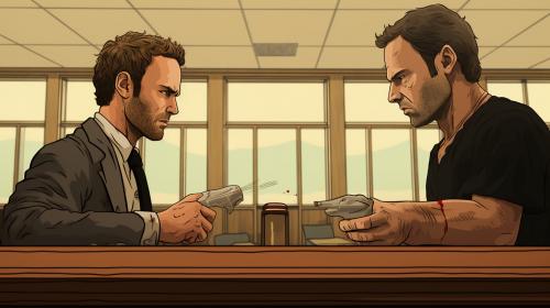 Rick and Shane from walking dead having a drinking contest in court 
