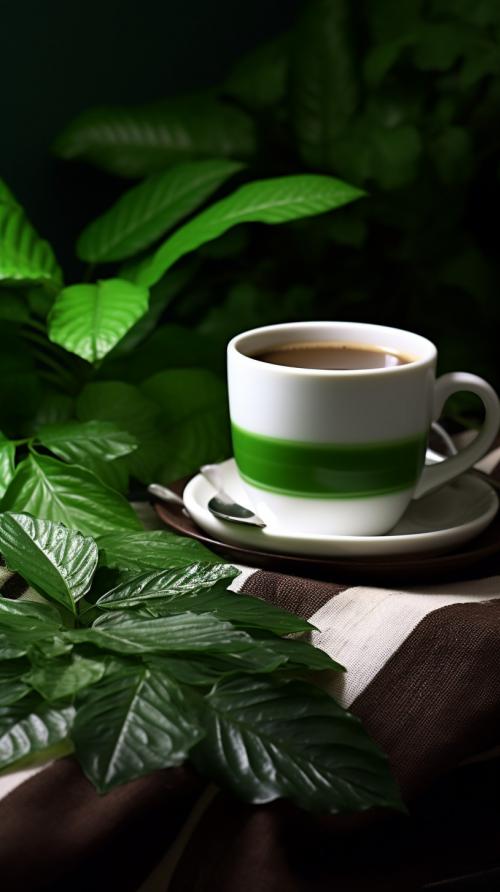 imagen de una cacique indio bandera verde y blanco con plantas de café 
