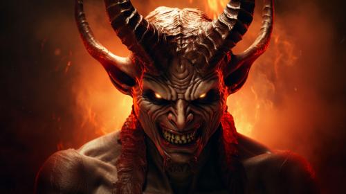 evil looking devil wearing a angels halo on his horns
