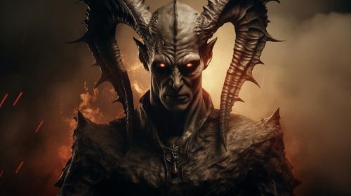 evil looking devil wearing a angels halo on his horns
