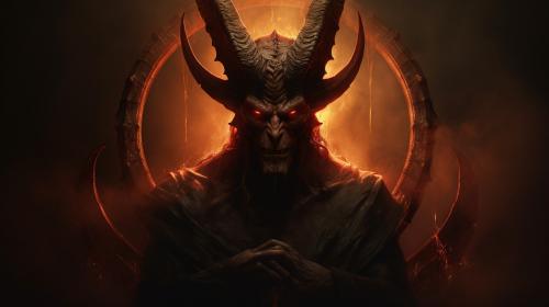 evil looking devil wearing a angels halo on his horns
