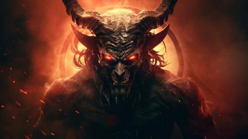 evil looking devil wearing a angels halo on his horns
