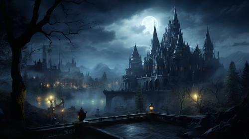 a gothic castle at night, scary, detailed