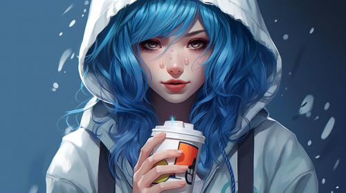 girl with blue hair wearing hoodie and holding a boba anime style
