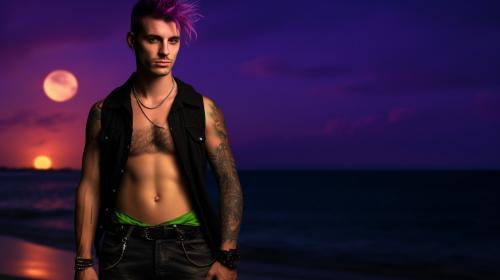 A 28 year old punk rocker man, standing on a beautiful tropical beach at night. He looks happy and excited. He is tall with powerful muscles. He has wavey purple hair and bright green eyes. No facial hair. He is wearing a black t-shirt and baggy trousers and black leather boots. The beautiful tropical beach has sand and the ocean. It is night and a white full moon is in the dark sky, white moonlight reflects on the ocean waves.