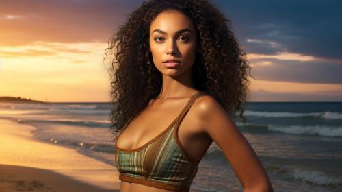 Beautiful 4'11 woman in bikini with green eyes mixed race (every ethnicity) full body beach sunset
 