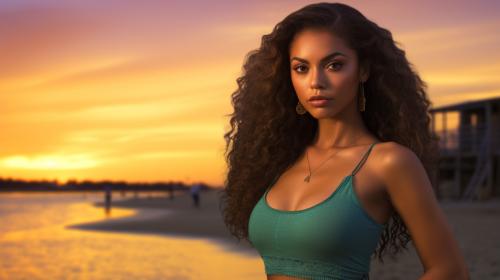 Beautiful 4'11 woman in bikini with green eyes mixed race (every ethnicity) full body beach sunset
 