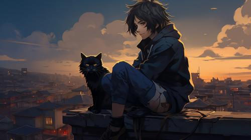 A anime boy wearing a black hoodie is sitting on the roof of his house with his cat and enjoying the view of a busy city 