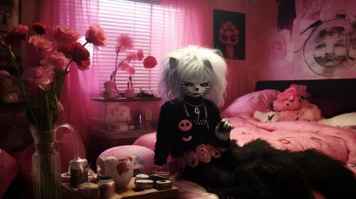 Emo hello kitty smoking bong in her bedroom
