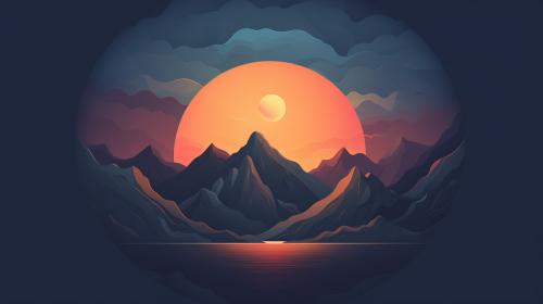 Mountains with clouds around and a bright sunset. It should have the art style of this apps logo
