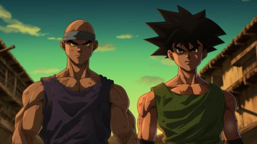 Goku and a brown skinned anime boy with a dark green buzz cut with a temp fade who is bulky; he has a princess shaped green gem embedded while protruding from his forehead and green eyes. while wearing a black fanny pack while being shirtless and have black sweatpants. the two of them are in a battling foreshortened pose