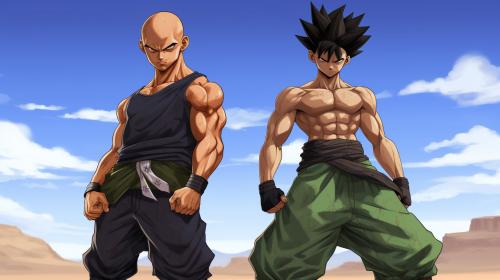 Goku and a brown skinned anime boy with a dark green buzz cut with a temp fade who is bulky; he has a princess shaped green gem embedded while protruding from his forehead and green eyes. while wearing a black fanny pack while being shirtless and have black sweatpants. the two of them are in a battling foreshortened pose