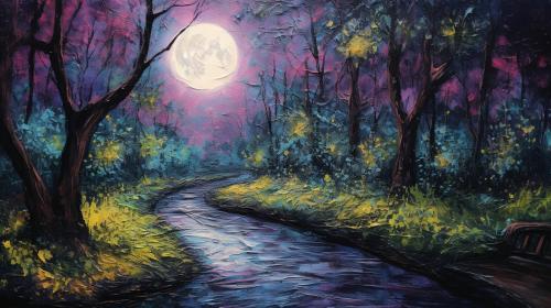 Path to a graveyard, moon reflecting on the river in the forest, oil pastel painting