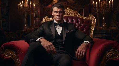 A 40 year old businessman, sitting on a red velvet couch, inside a luxurious mansion with marble floors and crystal lights and gold decorations. He is cruel, sadistic and powerful. He is wearing an expensive black suit, and black and gold tie. He is tall, with powerful muscles. His big muscles and broad shoulders bulge under his suit. Behind him there is a humongous window with a view under the sea, through the window colourful tropical fish swim under a blue ocean.