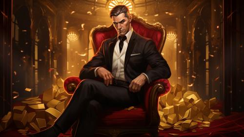 A 40 year old businessman, sitting on a red velvet couch, inside a luxurious mansion with marble floors and crystal lights and gold decorations. He is cruel, sadistic and powerful. He is wearing an expensive black suit, and black and gold tie. He is tall, with powerful muscles. His big muscles and broad shoulders bulge under his suit. Behind him there is a humongous window with a view under the sea, through the window colourful tropical fish swim under a blue ocean.