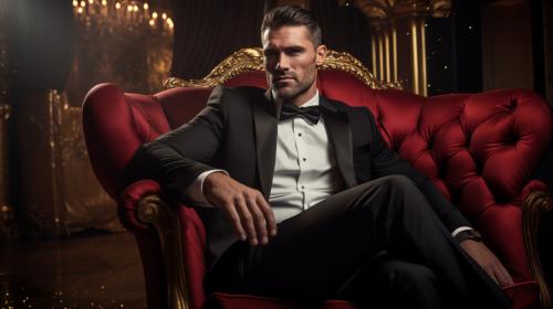 A 40 year old businessman, sitting on a red velvet couch, inside a luxurious mansion with marble floors and crystal lights and gold decorations. He is cruel, sadistic and powerful. He is wearing an expensive black suit, and black and gold tie. He is tall, with powerful muscles. His big muscles and broad shoulders bulge under his suit. Behind him there is a humongous window with a view under the sea, through the window colourful tropical fish swim under a blue ocean.