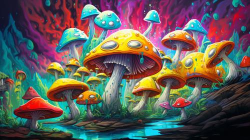 Trippy muchroom, and melting smile faces
