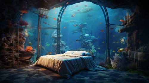 bedroom under water, watching fishes through windows, under ocean