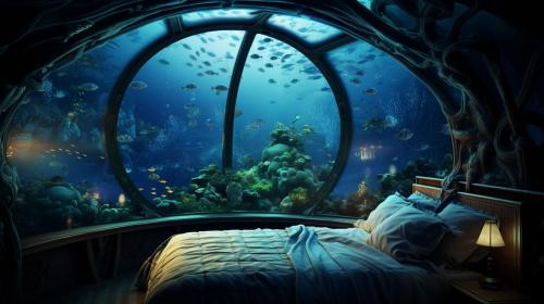 bedroom under water, watching fishes through windows, under ocean