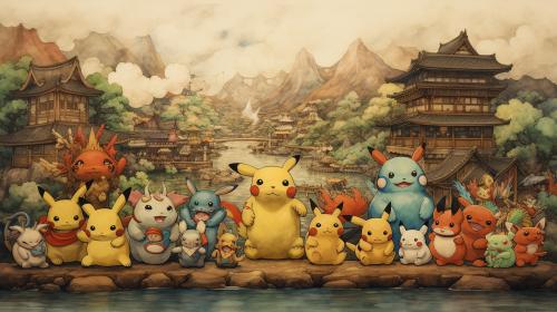 pokemon in village old japan traditionnal