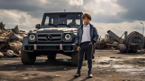 a boy standing with a g class



