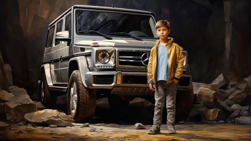 a boy standing with a g class



