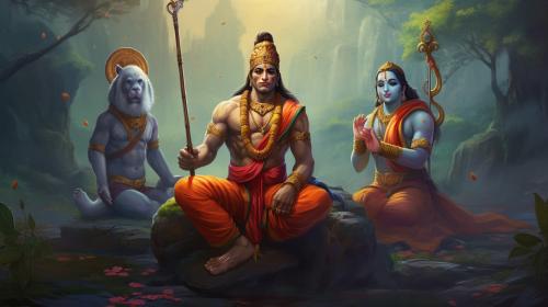 lord Rama with lord hanuman and maa Sita together...show lord hanuman on his knees and respecting lord rama with hands folded out of devotion and show maa sita offering blessings to lord hanuman